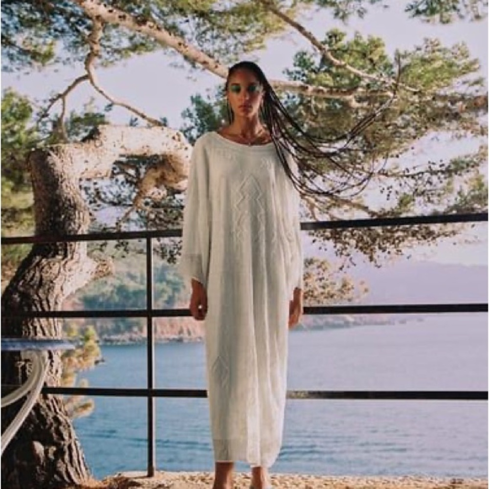 NWT ZARA Beaded Tunic Dress Elegant White Long Maxi Ecru White Embroidered